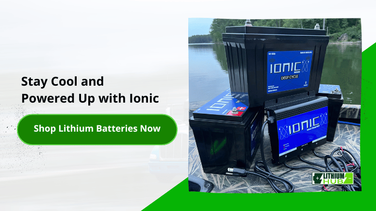 Graphic displaying the message: "Stay Cool and Powered Up with Ionic" and a button inviting users to shop for lithium batteries.