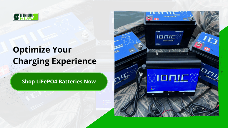 Call to action banner promoting LiFePO4 batteries with text: "Optimize Your Charging Experience" and a shop button.
