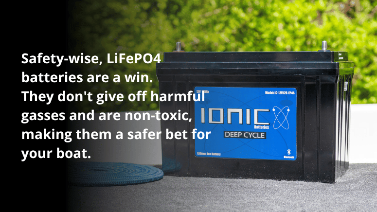 Image of a battery with text highlighting the safety benefits of LiFePO4 batteries for boating, emphasizing non-toxicity.