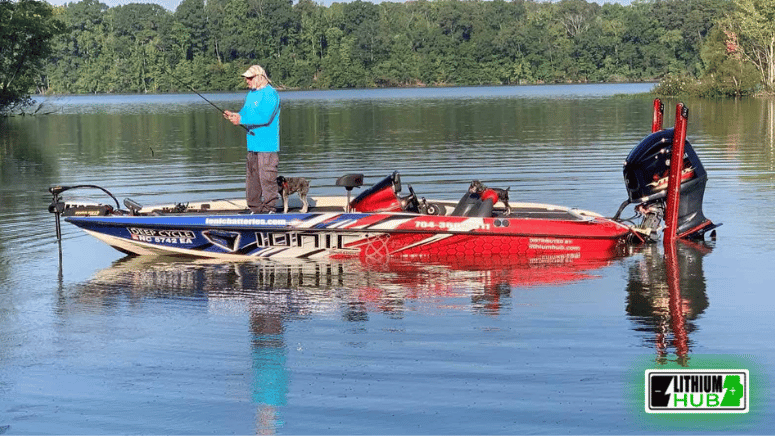 A man fishing on a bass boat, casting his line into the calm water under a clear sky.