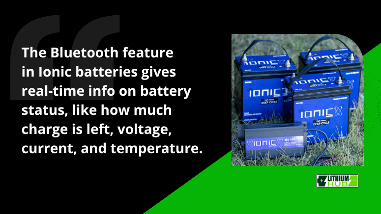 Image of a lithium battery showcasing Bluetooth feature for real-time status on charge, voltage, current, and temperature.