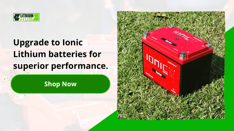 Call to action banner featuring Ionic Lithium batteries, urging upgrades for superior performance with a "Shop Now" button.