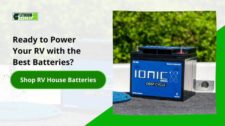 Image of a call-to-action button inviting users to shop for RV house batteries with the text, "Ready to Power Your RV?"