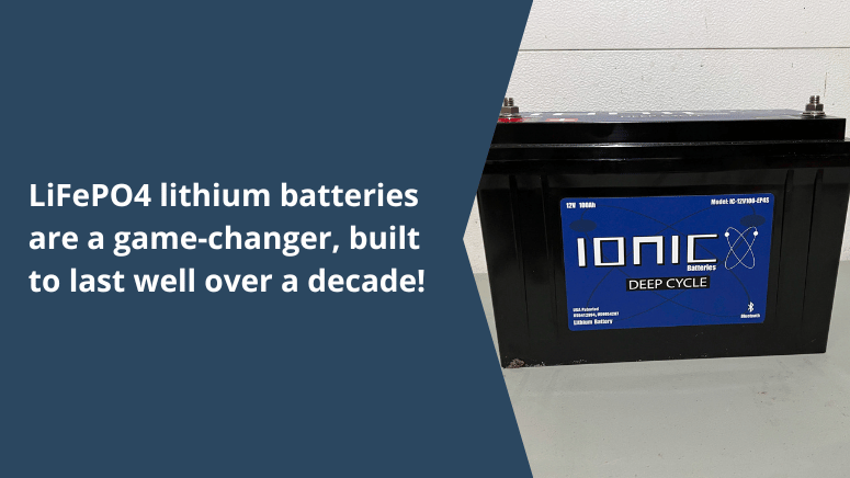 Image of an ionic lithium battery with text highlighting its longevity and advantages over a decade of use.