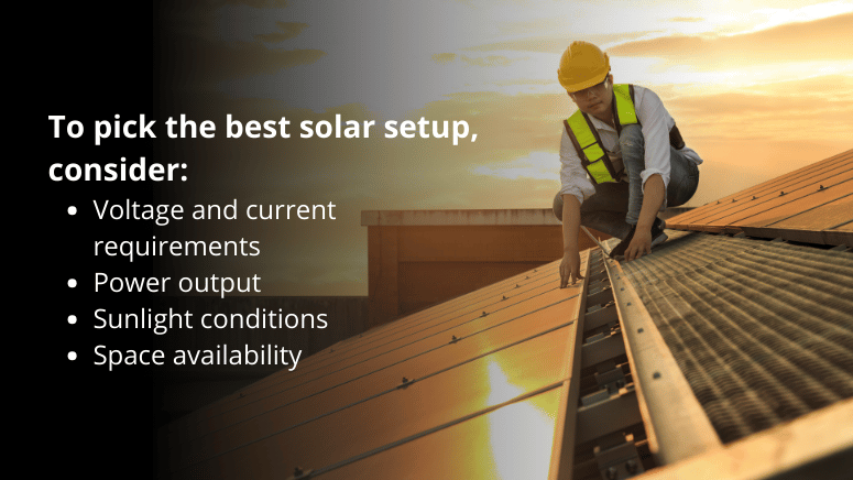 A man installs a solar panel on a roof, with text outlining key factors for selecting the best solar setup.
