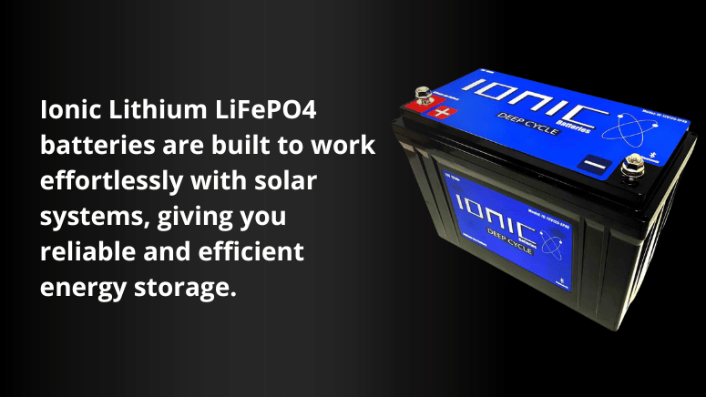 Image of an ionic lithium LiFePO4 battery, highlighting its compatibility with solar systems for efficient energy storage.
