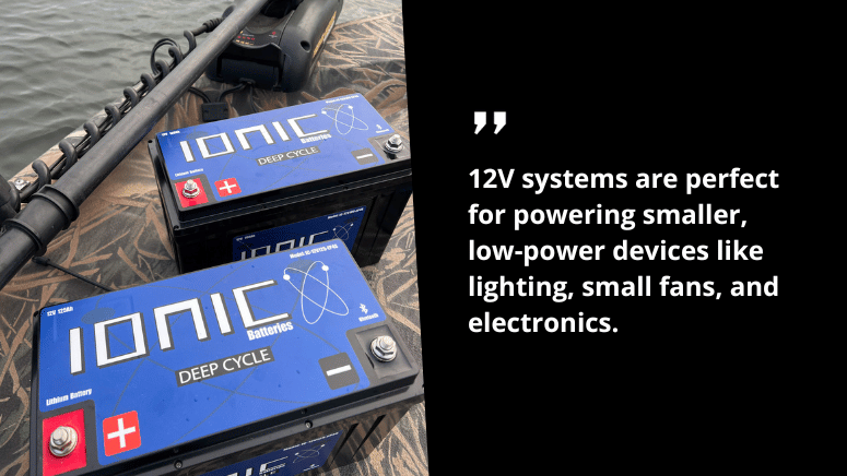 An image featuring a fishing rod, a battery, and a boat, highlighting the use of 12V systems for low-power devices.