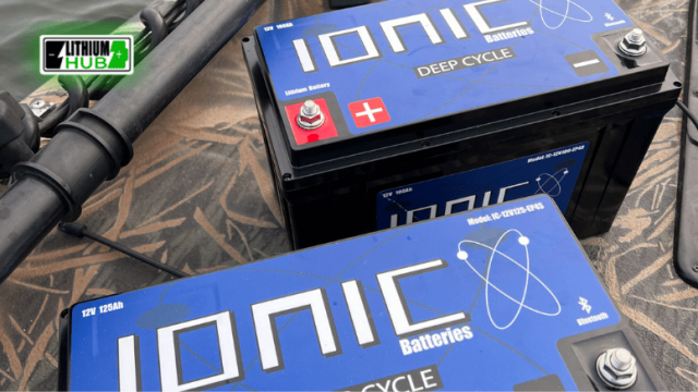 Two ionic deep cycle batteries placed on a boat.