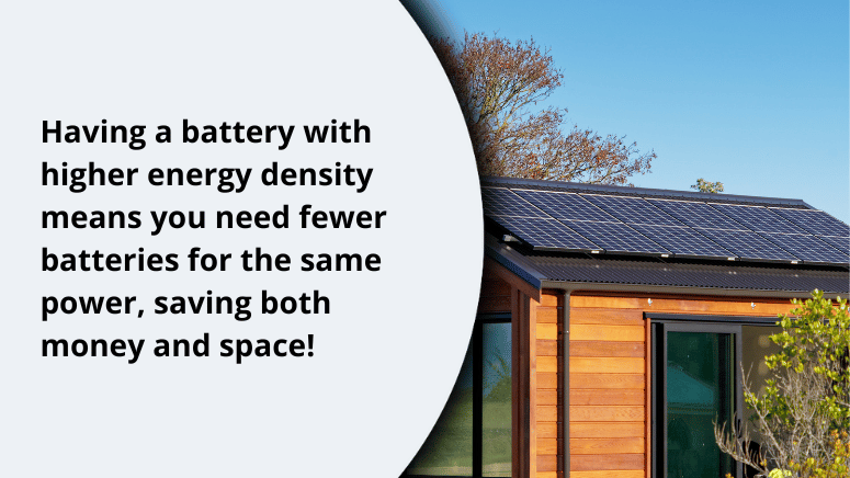 Image of a UTV with text explaining energy density in relation to battery storage capacity and weight.