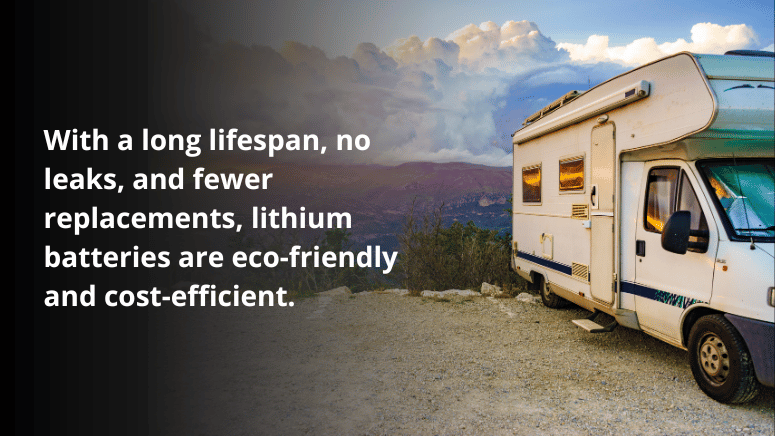 Image of an RV car with text highlighting the eco-friendliness and cost-efficiency of lithium batteries with a long lifespan.