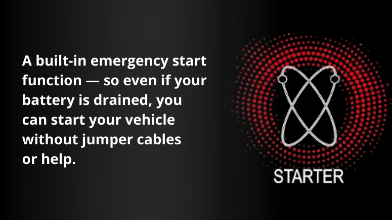 Logo of a starter battery with text highlighting the emergency start function for vehicles with drained batteries.