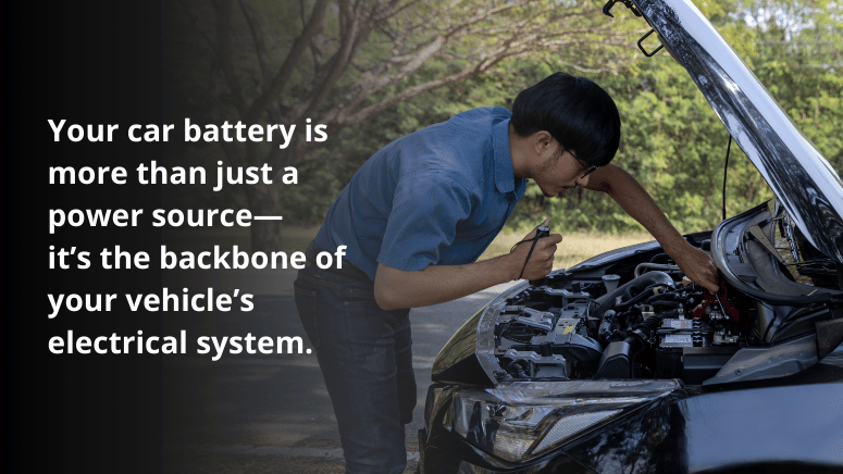 A man repairs a car battery, with text stating, "Your car battery is more than just a power source—it’s the backbone of your vehicle."