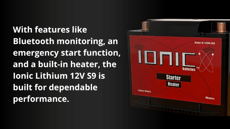 Image of Ionic Lithium 12V S9 battery charger featuring Bluetooth, emergency start, and built-in heater for dependable use.
