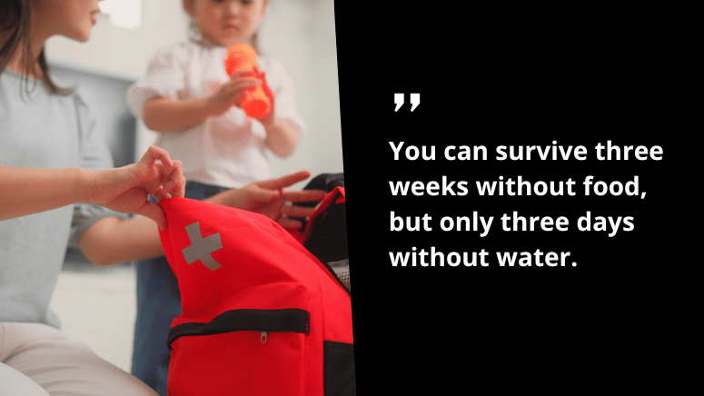 A mother with a child holds a red bag displaying a survival message about food and water essentials in emergencies.