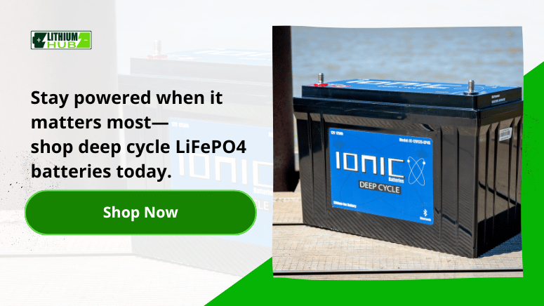 Call to action banner for lithiumhub deep cycle batteries with text urging to shop now for reliable power solutions.