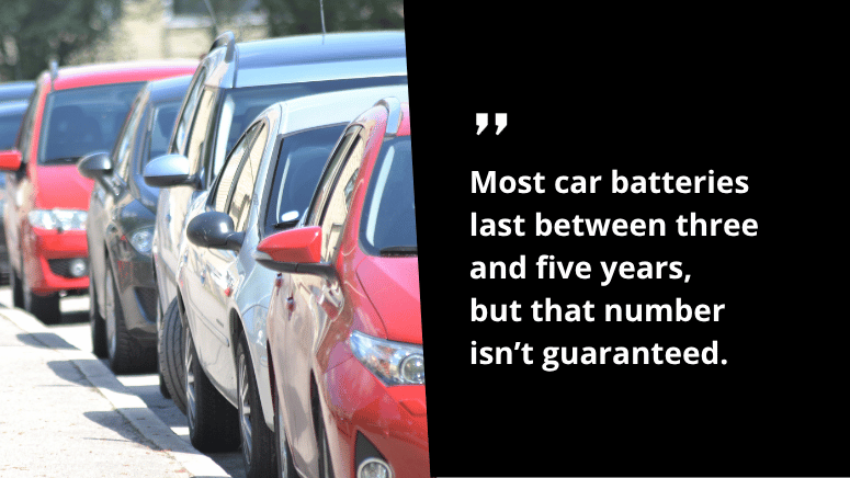 Image of cars with text stating that most car batteries last 3-5 years, but this duration is not guaranteed.