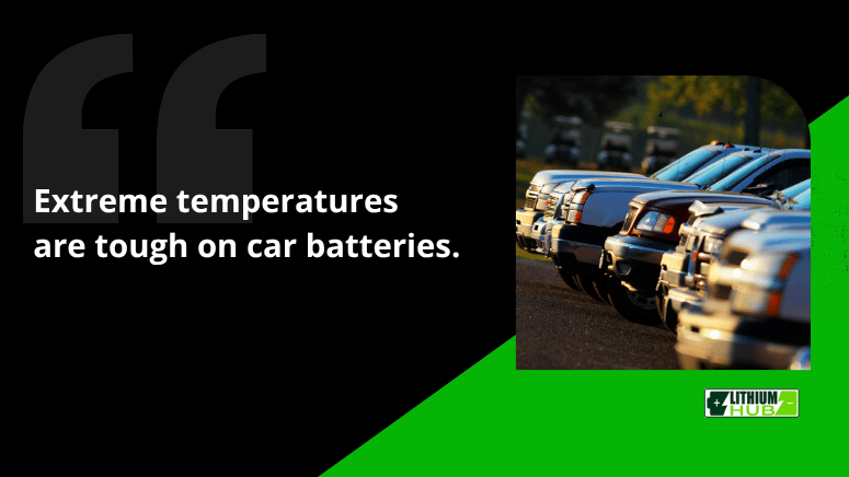 Image of cars with text stating, "Extreme temperatures are tough on car batteries," highlighting battery performance issues.