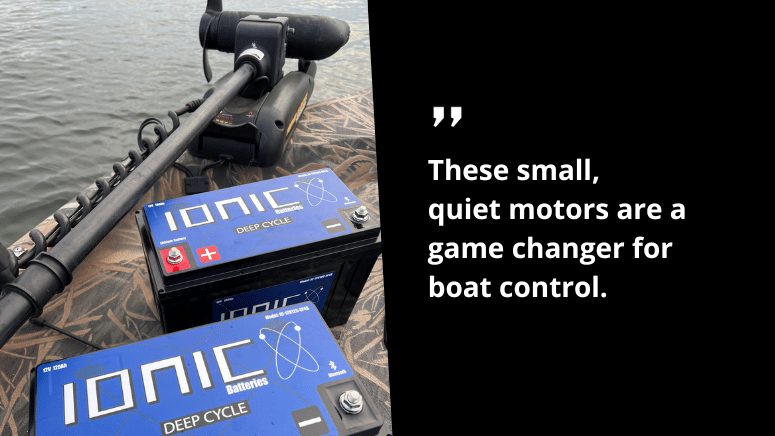 A boat with a trolling motor and a box of batteries, highlighting the motor's impact on boat control.