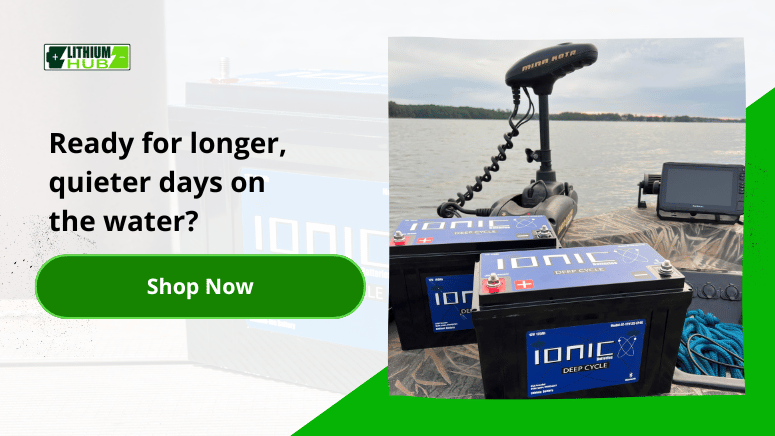 Call to action banner featuring lithiumhub batteries with text: "Ready for longer, quieter days on the water?" and "Shop now."