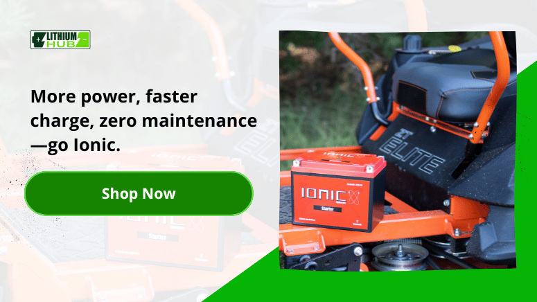 Call to action banner for Ionic lithium battery featuring text: "More power, faster charge, zero maintenance—go Ionic" and a "Shop now" button.