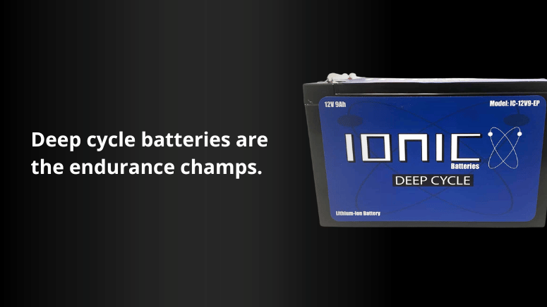 An image featuring a Lithiumhub ionic battery charger, with text stating, "Deep cycle batteries are the endurance champs."