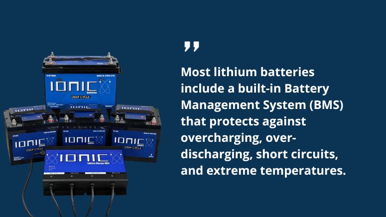 Image of Ionic Lithium 36V LiFePO4 Bass Boat Bundle with text highlighting built-in Battery Management System for safety.