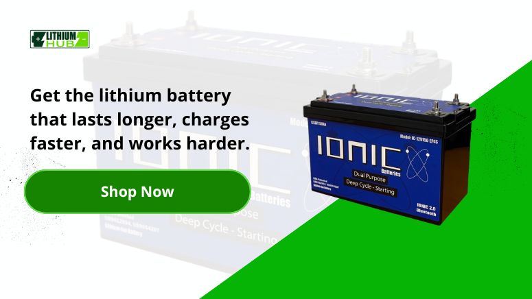 Banner promoting Ionic Lithium 36V Ultimate Bass Boat Bundle with text: "Get the lithium battery that lasts longer."