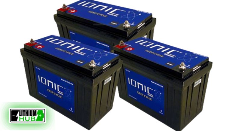 Image of three Ionic Lithium 24V LiFePO4 batteries on a white background, suitable for bass boat and starter applications.