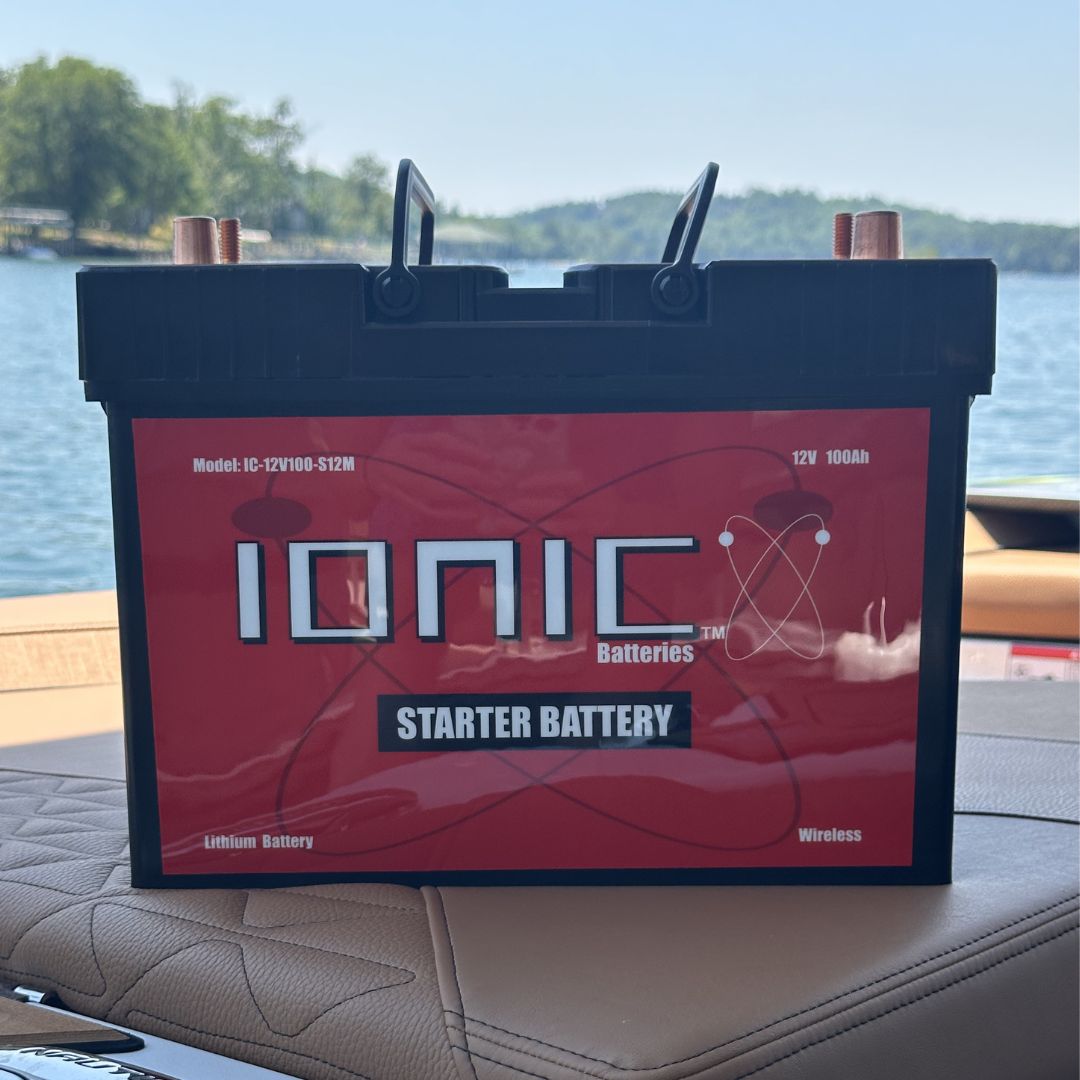 Ionic S12M LiFePO4 marine starter battery on pontoon boat
