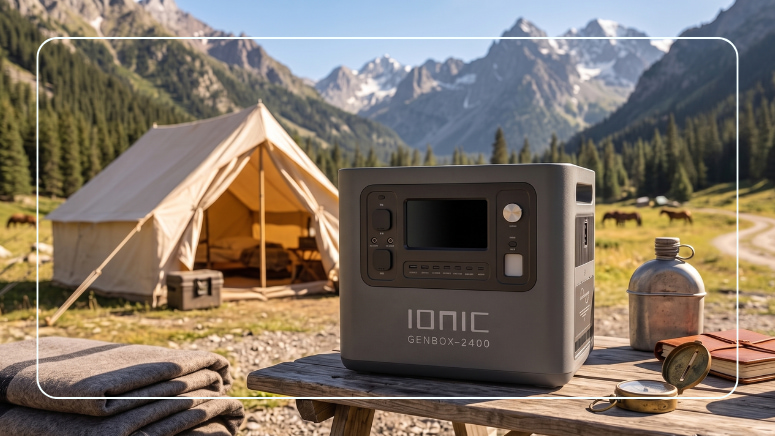 Ionic GenBox-2400 portable power station on a wooden camp table at a mountain campsite with a bell tent in the background