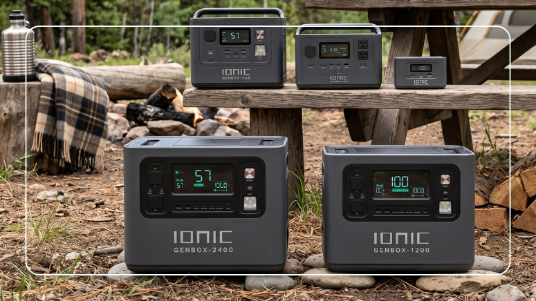 Full lineup of Ionic GenBox portable power stations including the GenBox-2400 and GenBox-1200 displayed at an outdoor campsite with a campfire in the background
