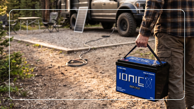 Person carrying Ionic Deep Cycle lithium battery at off-grid campsite with solar panel and 4x4 vehicle in background