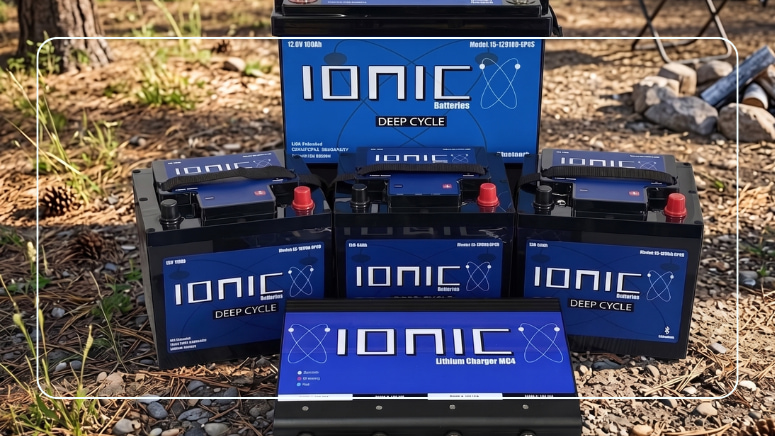Multiple Ionic Deep Cycle lithium batteries and Ionic MC4 lithium charger displayed outdoors at forest campsite