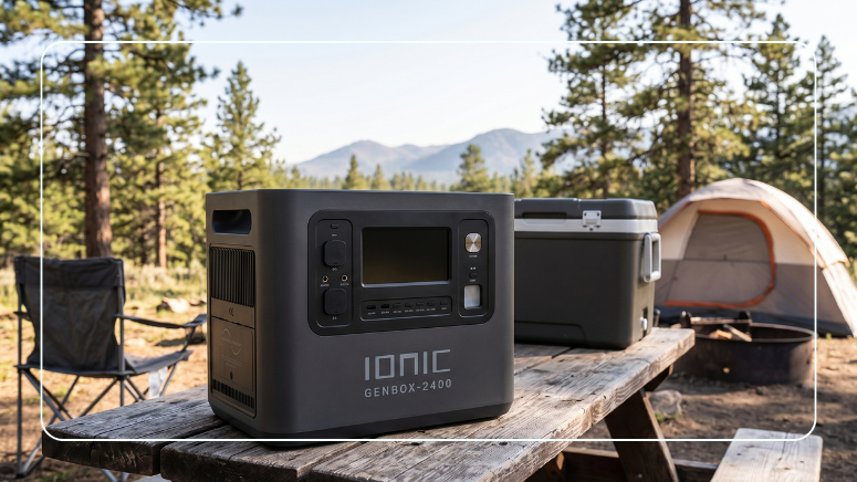Ionic GenBox-2400 portable power station on a picnic table at a mountain campsite with a tent and cooler in the background