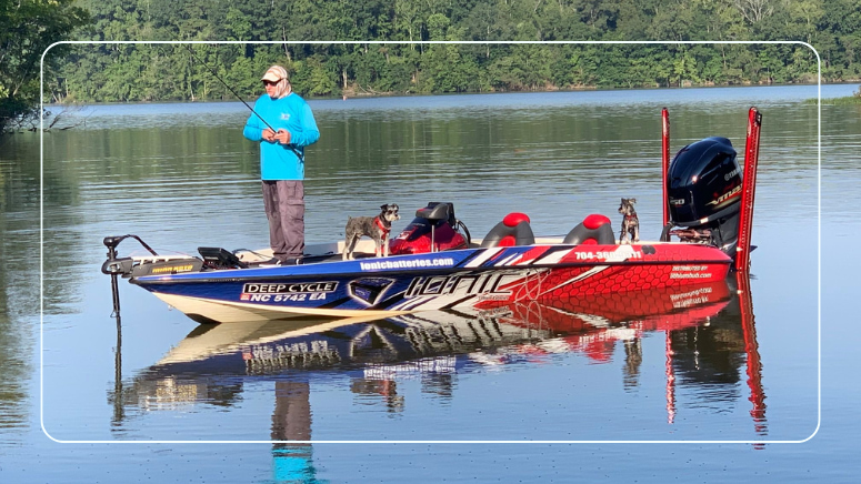 Angler casting from a bass fishing boat powered by Ionic lithium deep cycle batteries on a calm lake