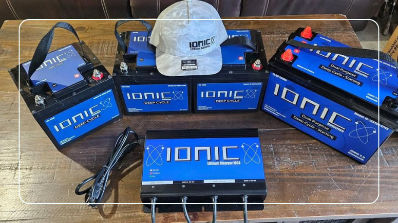 Lineup of Ionic lithium deep cycle batteries with an Ionic lithium battery charger