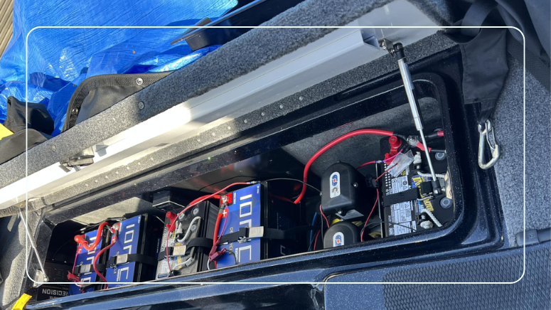 Ionic lithium deep cycle batteries wired in a boat battery compartment