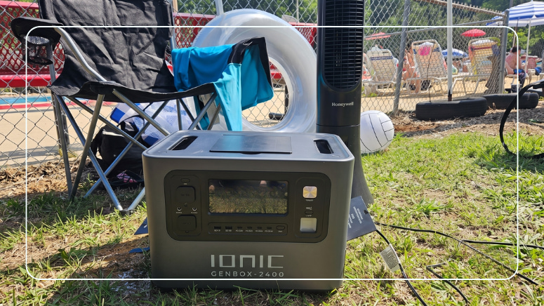 Portable lithium power station keeping gear running during a day outdoors