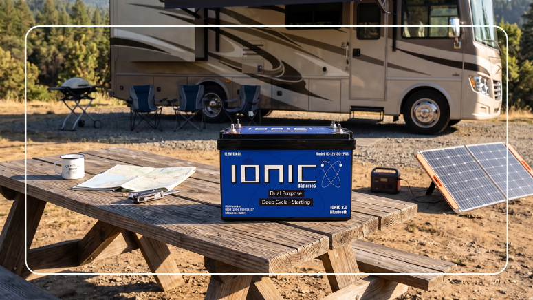 Ionic 12V LiFePO4 deep cycle battery on a picnic table with a portable solar panel and RV in the background