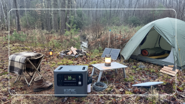 Ionic GenBox portable power station lineup including the GenBox 1200 and GenBox 2400 parked beside an RV