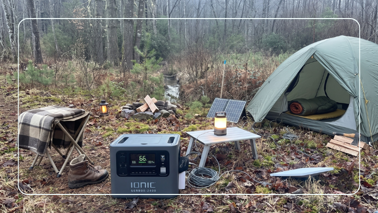 Ionic GenBox portable power station lineup including the GenBox 1200 and GenBox 2400 parked beside an RV