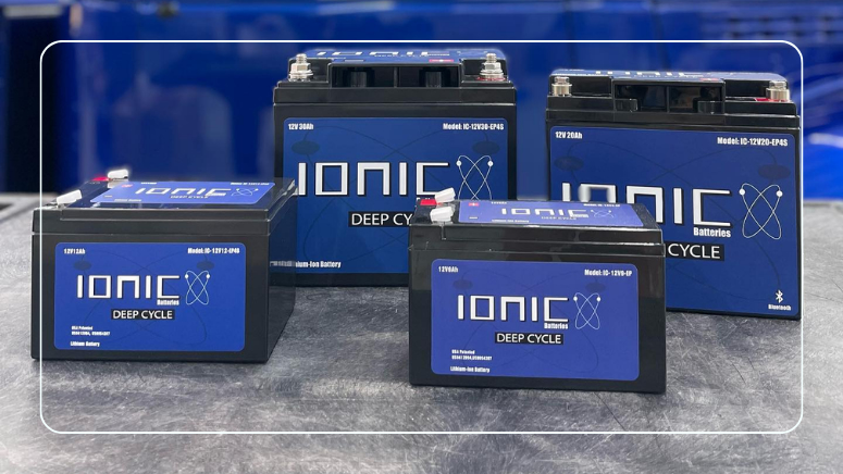 Lineup of Ionic 12V lithium deep cycle batteries in multiple amp hour sizes