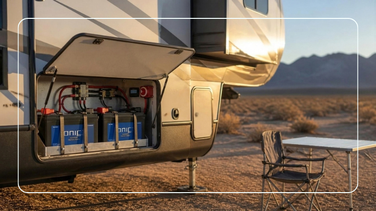 Open RV battery compartment with two Ionic lithium deep cycle batteries and clean wiring at a desert campsite