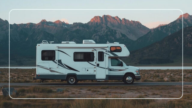 Class C motorhome parked on a desert road beside a lake with mountains at sunset