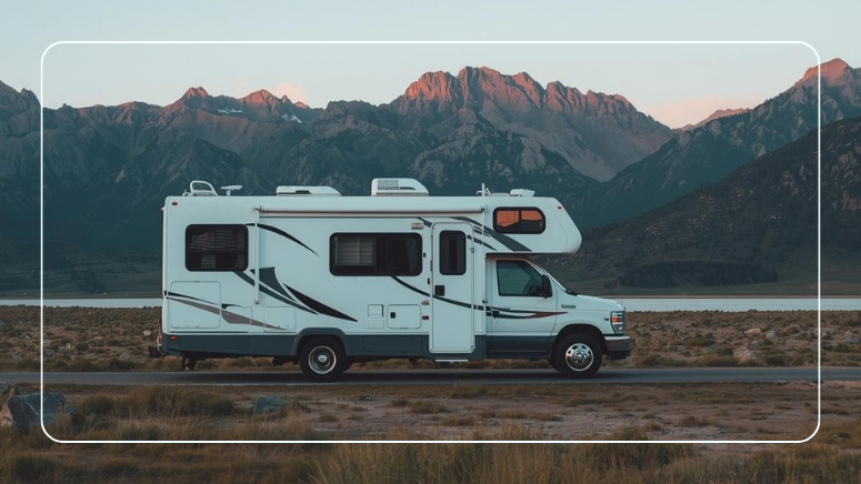 Class C motorhome parked on a desert road beside a lake with mountains at sunset