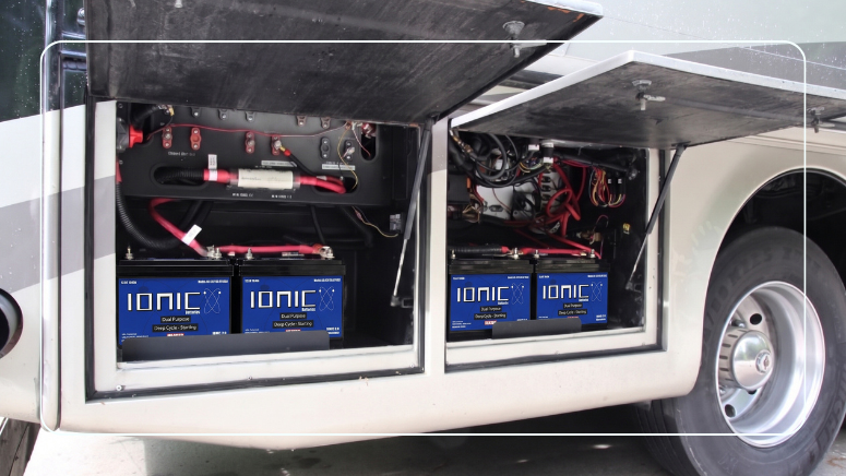Ionic dual purpose lithium batteries wired into a motorhome battery bank across two compartments