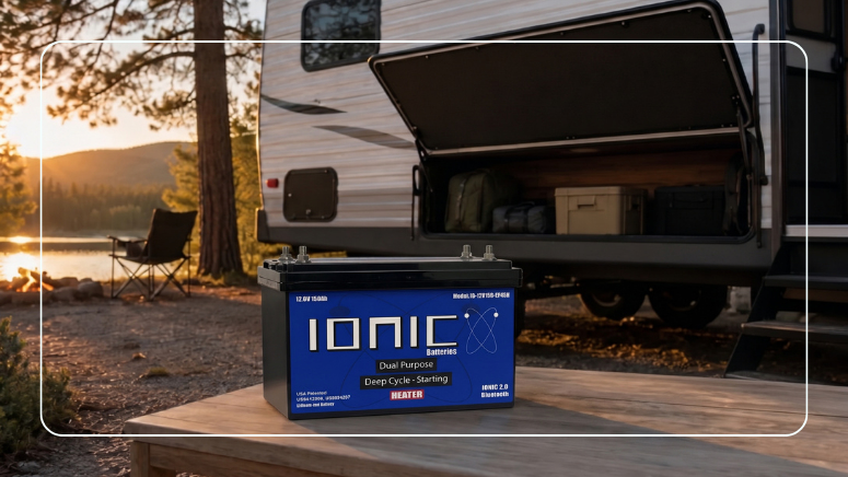 Ionic lithium RV battery with Bluetooth at a lakeside campsite beside a travel trailer at sunset