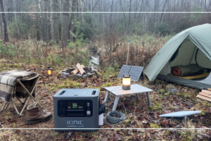 Ionic GenBox portable power station lineup including the GenBox 1200 and GenBox 2400 parked beside an RV