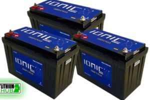 Image of three Ionic Lithium 24V LiFePO4 batteries on a white background, suitable for bass boat and starter applications.